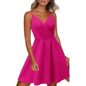 Newshows Women’s Summer Dress 2025 Spaghetti Strap Sleeveless V Neck Casual Swing Sundress with Pockets(Rose Red)