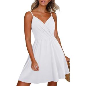 Newshows Women’s Summer Dress 2025 Spaghetti Strap Sleeveless V Neck Casual Swing Sundress with Pockets(White)