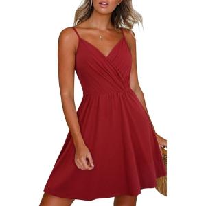 Newshows Women’s Summer Dress 2025 Spaghetti Strap Sleeveless V Neck Casual Swing Sundress with Pockets(Wine Red)