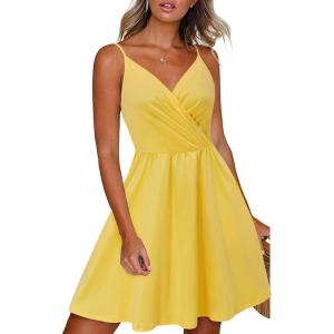 Newshows Women’s Summer Dress 2025 Spaghetti Strap Sleeveless V Neck Casual Swing Sundress with Pockets(Yellow)