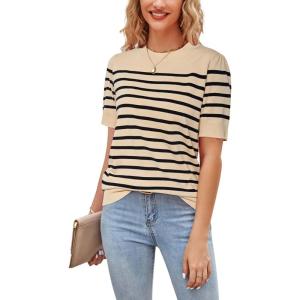 Newshows Womens Summer Short Sleeve Sweater Tops Fall Business Casual Outfits Crewneck Lightweight Dressy Knit Shirts(Apricot/Black Stripe-1)