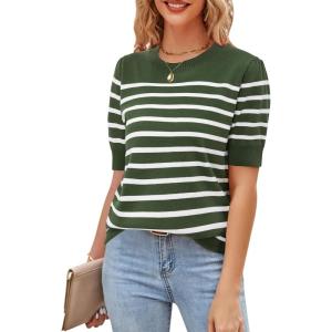 Newshows Womens Summer Short Sleeve Sweater Tops Fall Business Casual Outfits Crewneck Lightweight Dressy Knit Shirts(Army Green/White Stripe-1)