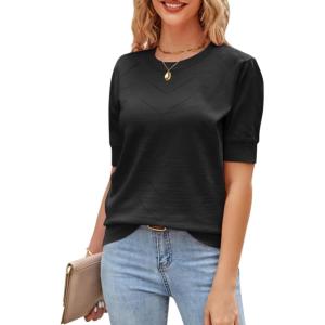 Newshows Womens Summer Short Sleeve Sweater Tops Fall Business Casual Outfits Crewneck Lightweight Dressy Knit Shirts(Black)