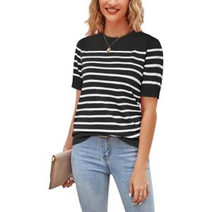Newshows Womens Summer Short Sleeve Sweater Tops Fall Business Casual Outfits Crewneck Lightweight Dressy Knit Shirts(Black/White Stripe)