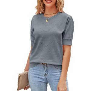 Newshows Womens Summer Short Sleeve Sweater Tops Fall Business Casual Outfits Crewneck Lightweight Dressy Knit Shirts(Gray)
