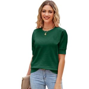 Newshows Womens Summer Short Sleeve Sweater Tops Fall Business Casual Outfits Crewneck Lightweight Dressy Knit Shirts(Green-1)