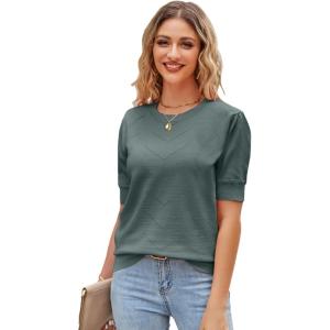 Newshows Womens Summer Short Sleeve Sweater Tops Fall Business Casual Outfits Crewneck Lightweight Dressy Knit Shirts(Grey Green)