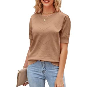 Newshows Womens Summer Short Sleeve Sweater Tops Fall Business Casual Outfits Crewneck Lightweight Dressy Knit Shirts(Khaki)