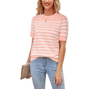 Newshows Womens Summer Short Sleeve Sweater Tops Fall Business Casual Outfits Crewneck Lightweight Dressy Knit Shirts(Pink/White Stripe)