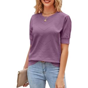 Newshows Womens Summer Short Sleeve Sweater Tops Fall Business Casual Outfits Crewneck Lightweight Dressy Knit Shirts(Purple)