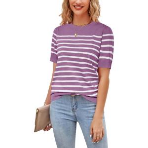 Newshows Womens Summer Short Sleeve Sweater Tops Fall Business Casual Outfits Crewneck Lightweight Dressy Knit Shirts(Purple/White Stripe)
