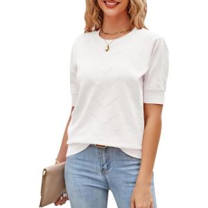 Newshows Womens Summer Short Sleeve Sweater Tops Fall Business Casual Outfits Crewneck Lightweight Dressy Knit Shirts(White)