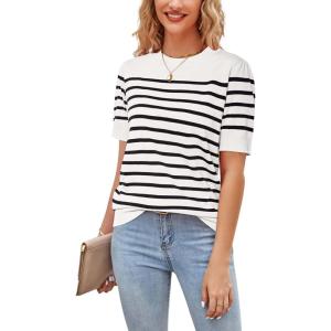 Newshows Womens Summer Short Sleeve Sweater Tops Fall Business Casual Outfits Crewneck Lightweight Dressy Knit Shirts(White/Black Stripe)