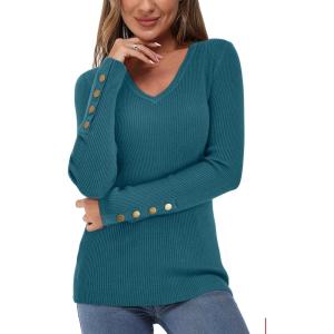 Newshows Womens Sweaters Fall V Neck Pullover Long Sleeve Stretch Button Casual Ribbed Knit Tops(A1-blue-2)