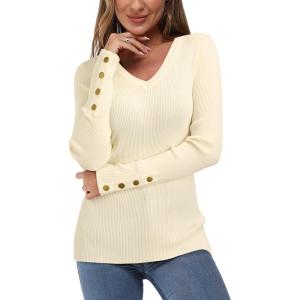 Newshows Womens Sweaters Fall V Neck Pullover Long Sleeve Stretch Button Casual Ribbed Knit Tops(Apricot)