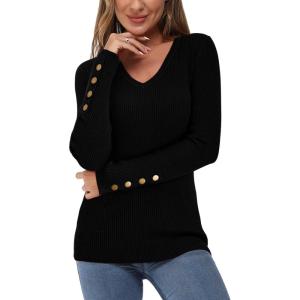 Newshows Womens Sweaters Fall V Neck Pullover Long Sleeve Stretch Button Casual Ribbed Knit Tops(Black)