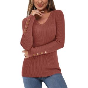 Newshows Womens Sweaters Fall V Neck Pullover Long Sleeve Stretch Button Casual Ribbed Knit Tops(Brick Red)
