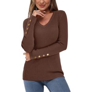 Newshows Womens Sweaters Fall V Neck Pullover Long Sleeve Stretch Button Casual Ribbed Knit Tops(Brown)