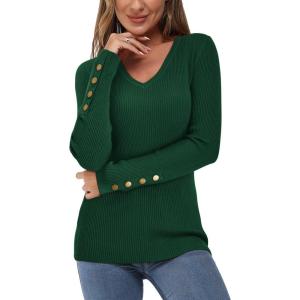 Newshows Womens Sweaters Fall V Neck Pullover Long Sleeve Stretch Button Casual Ribbed Knit Tops(Green)