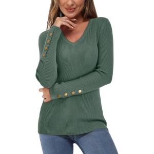Newshows Womens Sweaters Fall V Neck Pullover Long Sleeve Stretch Button Casual Ribbed Knit Tops(Grey Green)