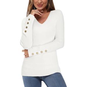 Newshows Womens Sweaters Fall V Neck Pullover Long Sleeve Stretch Button Casual Ribbed Knit Tops(Off-white)