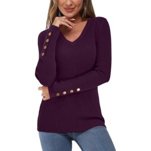 Newshows Womens Sweaters Fall V Neck Pullover Long Sleeve Stretch Button Casual Ribbed Knit Tops(Purple)