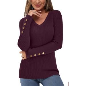 Newshows Womens Sweaters Fall V Neck Pullover Long Sleeve Stretch Button Casual Ribbed Knit Tops(Purplish Red)