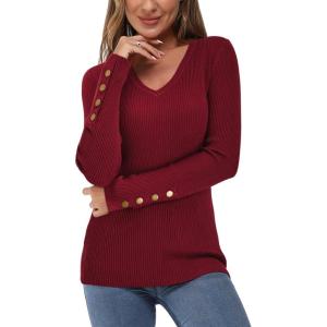 Newshows Womens Sweaters Fall V Neck Pullover Long Sleeve Stretch Button Casual Ribbed Knit Tops(Red)