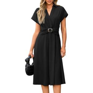 Newshows Womens Wear to Work Teacher Business Casual Dress Funeral Midi Dresses Button Down Office Clothes with Pockets(Black)