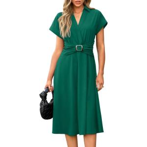 Newshows Womens Wear to Work Teacher Business Casual Dress Funeral Midi Dresses Button Down Office Clothes with Pockets(Green)