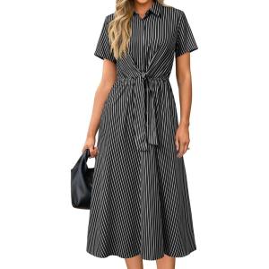 Newshows Womens Wear to Work Teacher Business Casual Outfits Long Dresses Tie Waist Shirt Dress Attire with Pockets(Black White Striped)