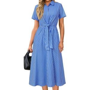 Newshows Womens Wear to Work Teacher Business Casual Outfits Long Dresses Tie Waist Shirt Dress Attire with Pockets(Blue White Striped)
