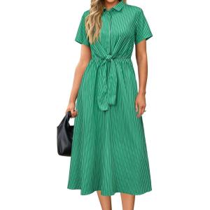 Newshows Womens Wear to Work Teacher Business Casual Outfits Long Dresses Tie Waist Shirt Dress Attire with Pockets(Green White Striped)