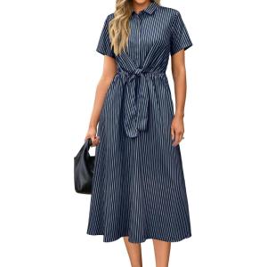 Newshows Womens Wear to Work Teacher Business Casual Outfits Long Dresses Tie Waist Shirt Dress Attire with Pockets(Navy White Striped)