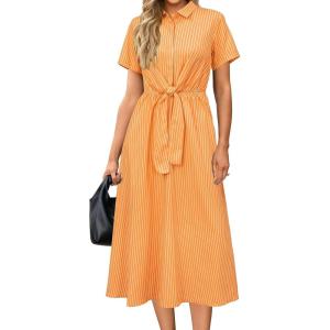 Newshows Womens Wear to Work Teacher Business Casual Outfits Long Dresses Tie Waist Shirt Dress Attire with Pockets(Orange White Striped)