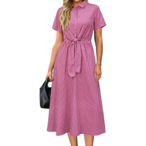 Newshows Womens Wear to Work Teacher Business Casual Outfits Long Dresses Tie Waist Shirt Dress Attire with Pockets(Rose White Striped)
