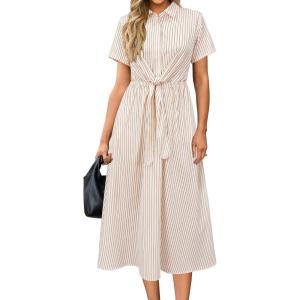 Newshows Womens Wear to Work Teacher Business Casual Outfits Long Dresses Tie Waist Shirt Dress Attire with Pockets(White Red Striped)