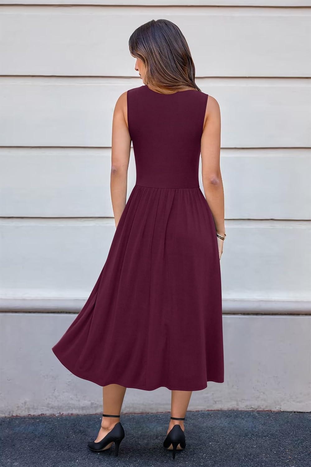 imageNewshows Women 2025 Work Dress Sleeveless Crew Neck Office Business Casual Outfits Midi Elegant Dresses with PocketsDark Red