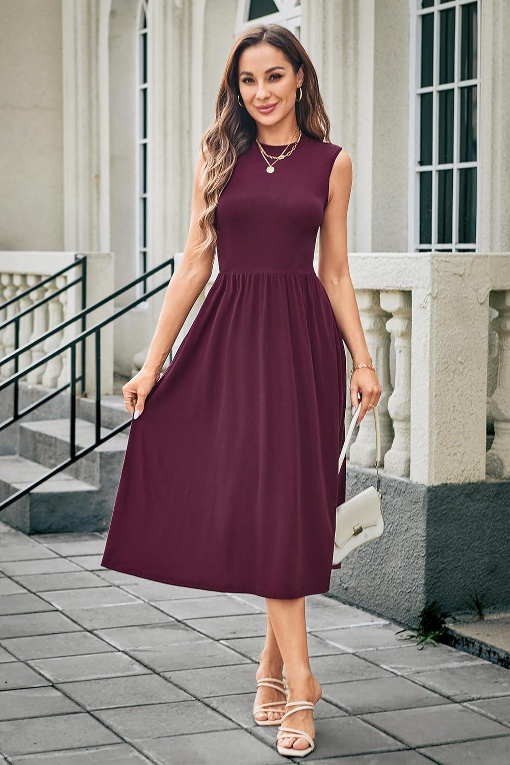 imageNewshows Women 2025 Work Dress Sleeveless Crew Neck Office Business Casual Outfits Midi Elegant Dresses with PocketsDark Red