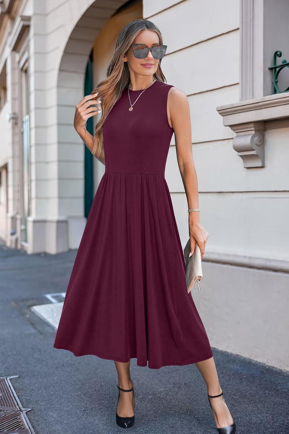 imageNewshows Women 2025 Work Dress Sleeveless Crew Neck Office Business Casual Outfits Midi Elegant Dresses with PocketsDark Red