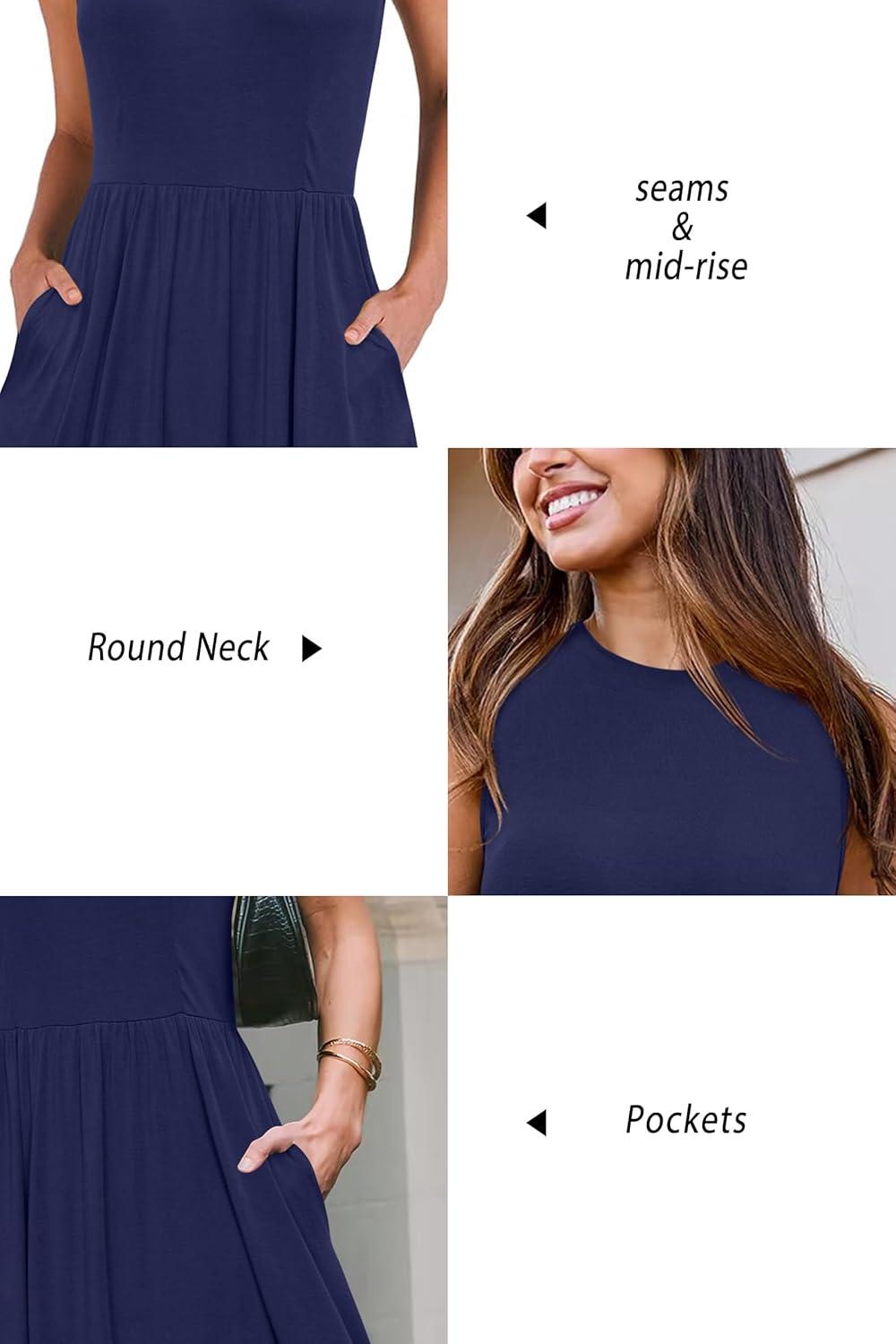 imageNewshows Women 2025 Work Dress Sleeveless Crew Neck Office Business Casual Outfits Midi Elegant Dresses with PocketsNavy Blue