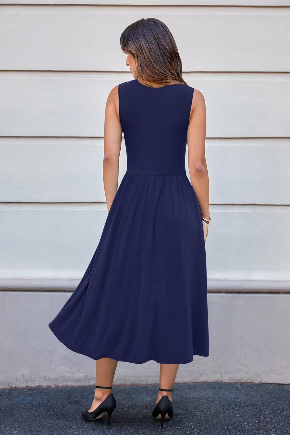 imageNewshows Women 2025 Work Dress Sleeveless Crew Neck Office Business Casual Outfits Midi Elegant Dresses with PocketsNavy Blue