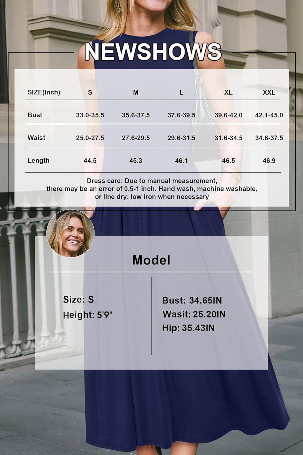 imageNewshows Women 2025 Work Dress Sleeveless Crew Neck Office Business Casual Outfits Midi Elegant Dresses with PocketsNavy Blue