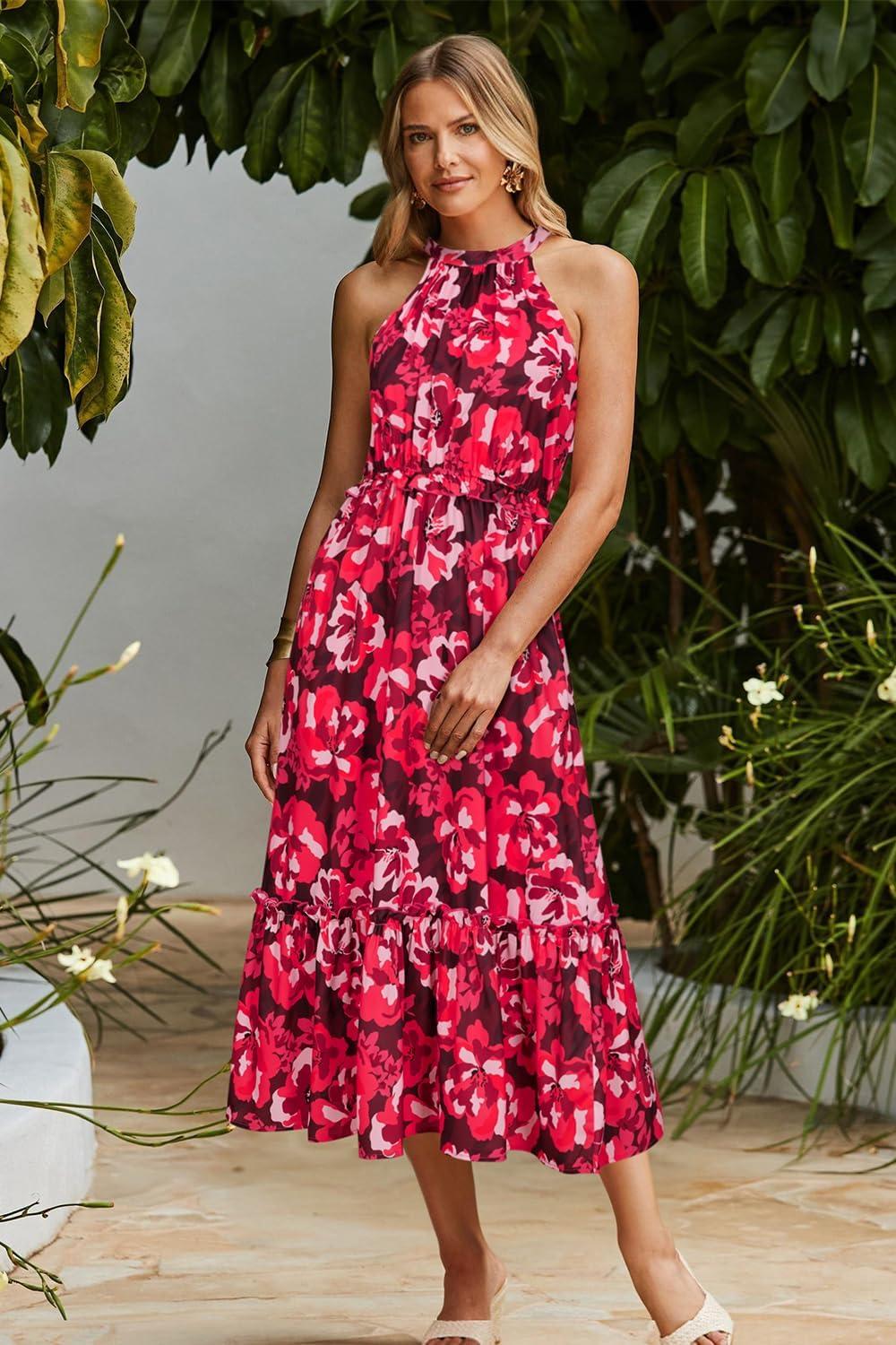 imageNewshows Womens 2025 Summer Vacation Outfits Halter Neck Floral Tiered Ruffled Flowy Casual Beach Boho Long Maxi DressFloral Rose Red