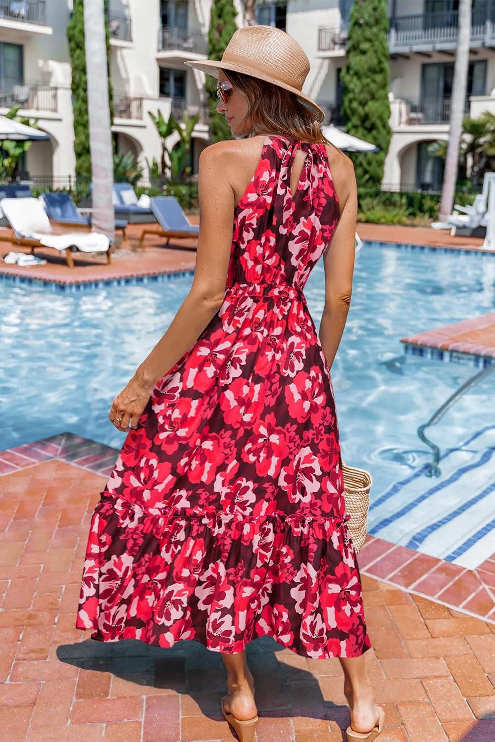 imageNewshows Womens 2025 Summer Vacation Outfits Halter Neck Floral Tiered Ruffled Flowy Casual Beach Boho Long Maxi DressFloral Rose Red