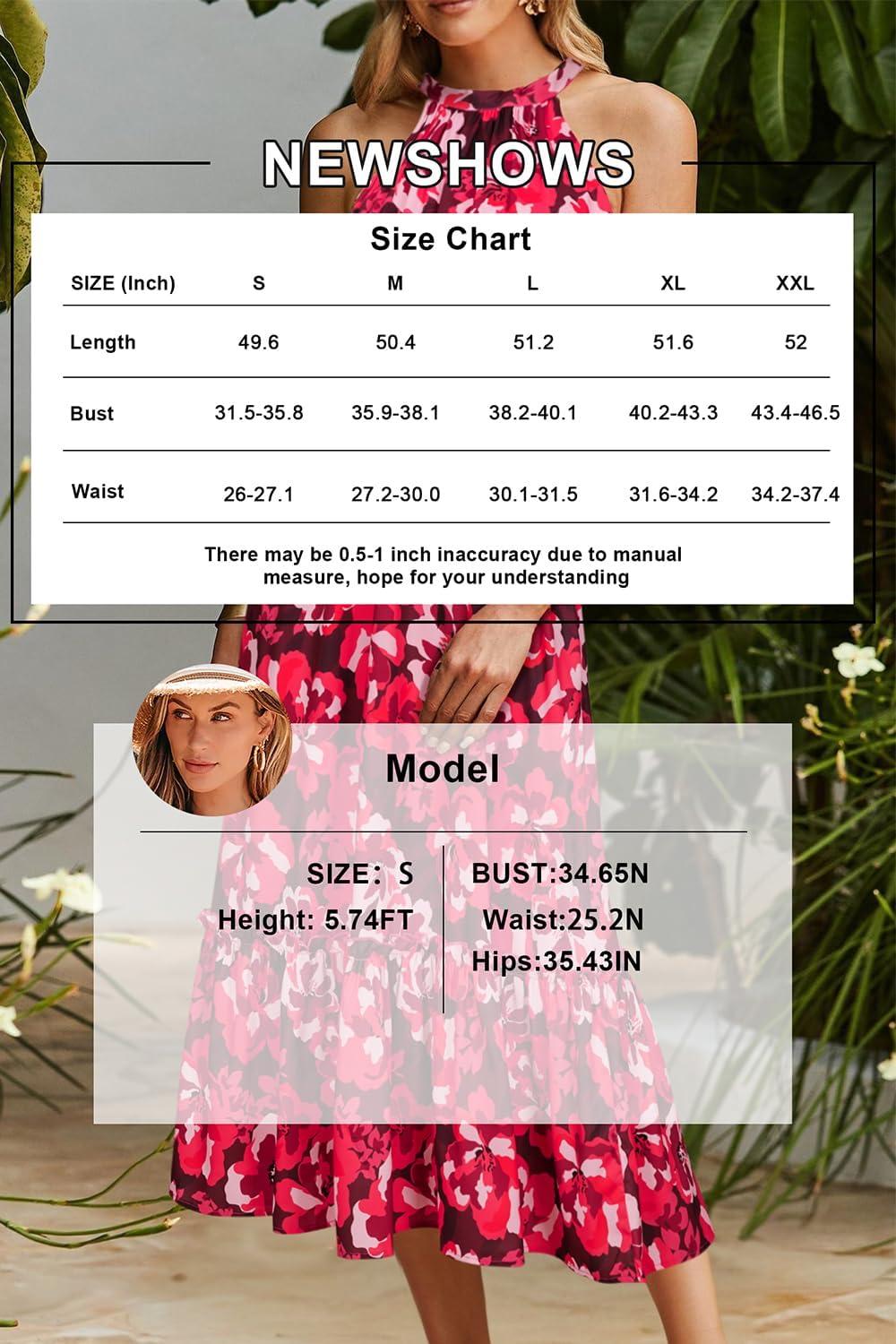 imageNewshows Womens 2025 Summer Vacation Outfits Halter Neck Floral Tiered Ruffled Flowy Casual Beach Boho Long Maxi DressFloral Rose Red
