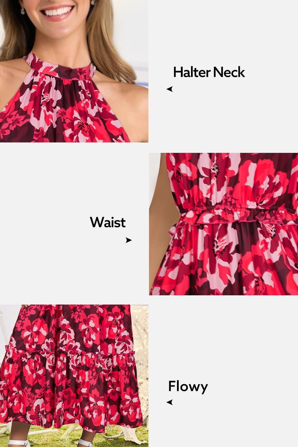 imageNewshows Womens 2025 Summer Vacation Outfits Halter Neck Floral Tiered Ruffled Flowy Casual Beach Boho Long Maxi DressFloral Rose Red