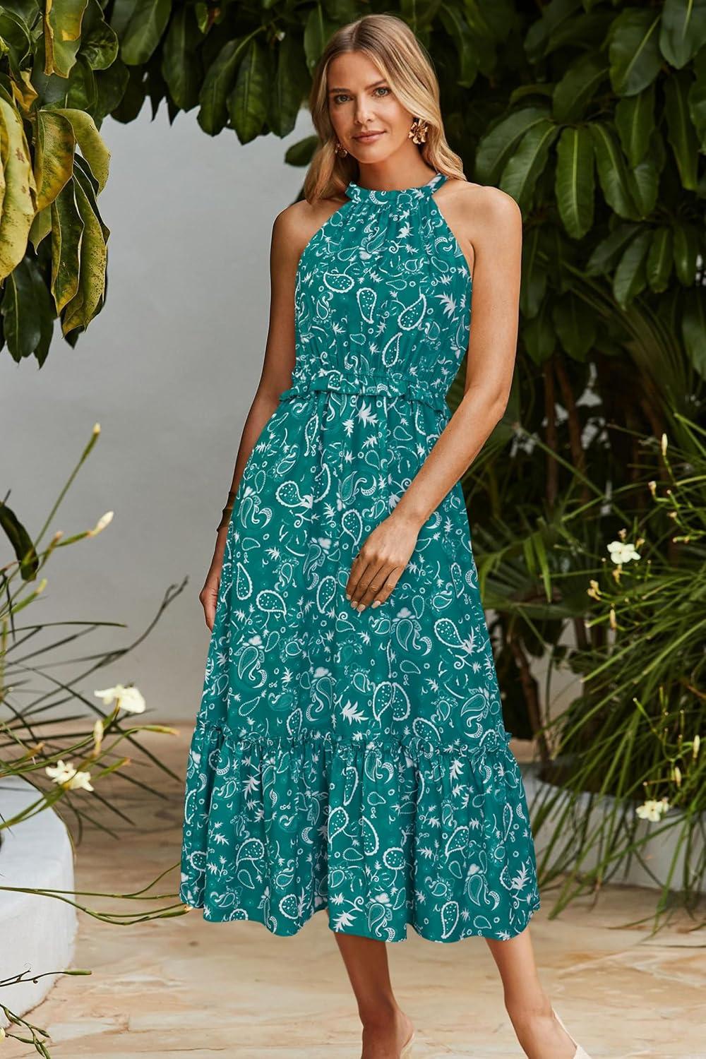 imageNewshows Womens 2025 Summer Vacation Outfits Halter Neck Floral Tiered Ruffled Flowy Casual Beach Boho Long Maxi DressGreen White Floral