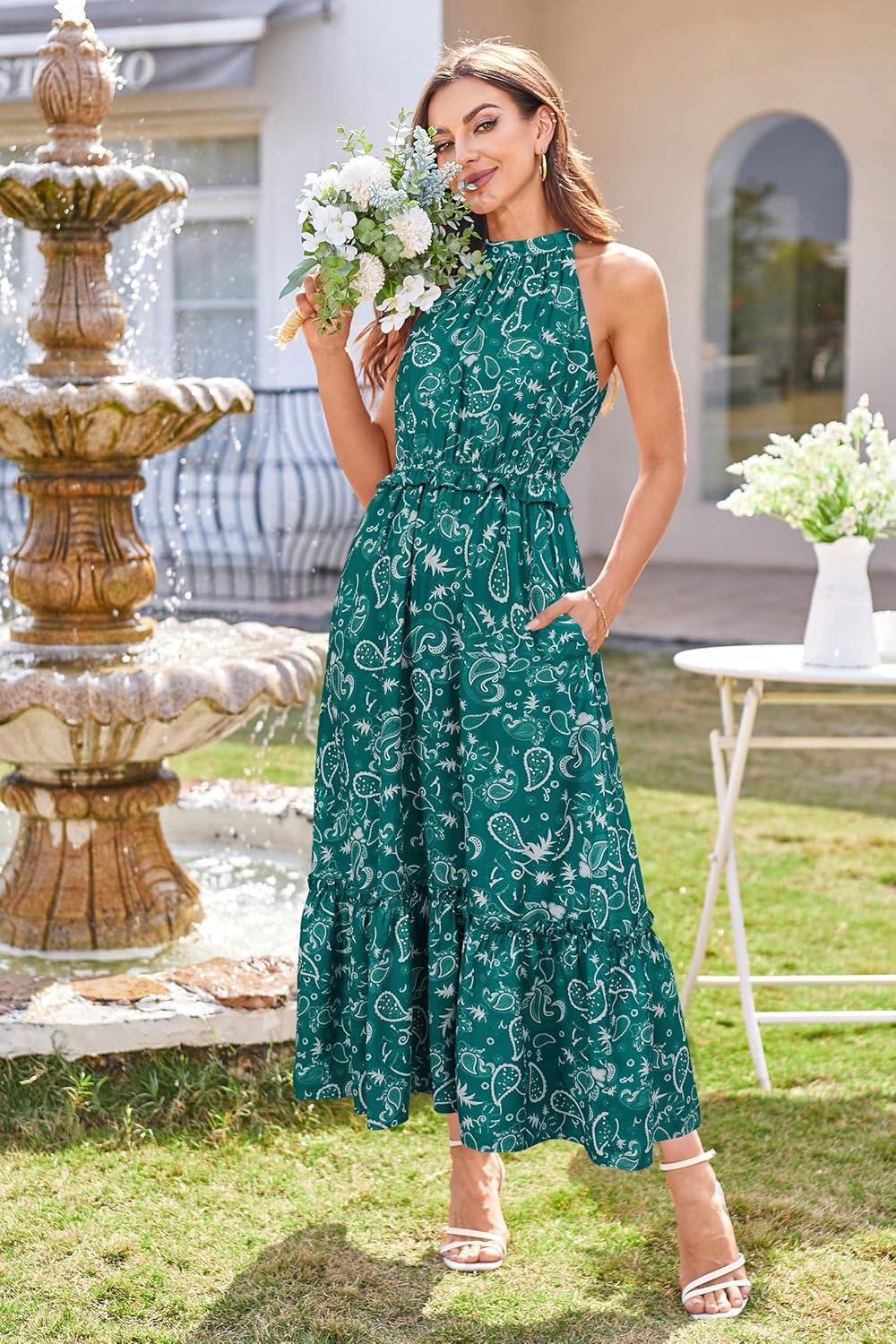 imageNewshows Womens 2025 Summer Vacation Outfits Halter Neck Floral Tiered Ruffled Flowy Casual Beach Boho Long Maxi DressGreen White Floral