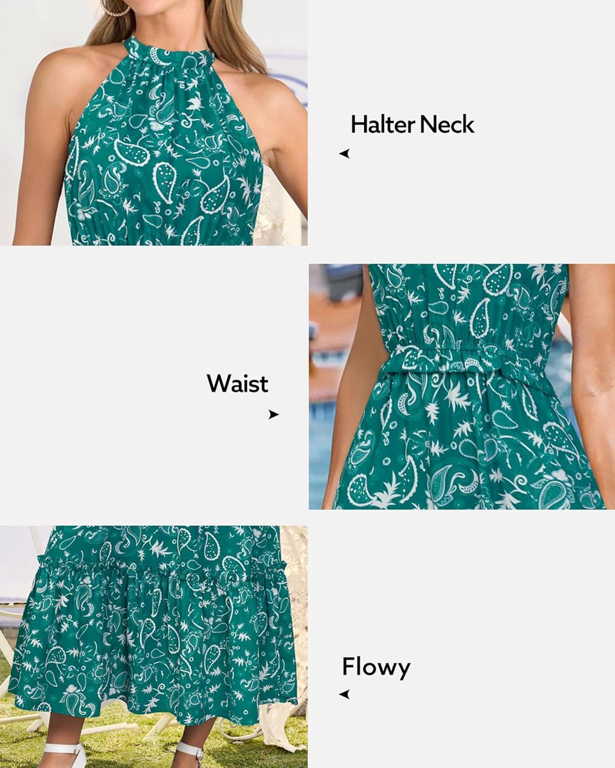 imageNewshows Womens 2025 Summer Vacation Outfits Halter Neck Floral Tiered Ruffled Flowy Casual Beach Boho Long Maxi DressGreen White Floral